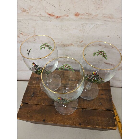 Vintage SPODE Christmas Tree Four Wine Water Glasses 12 oz Christmas Glassware - Picture 2 of 3